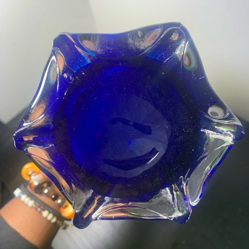 Hand Blown Murano Styled Art Glass Trumpet Tulip Vase Lime Green Blue